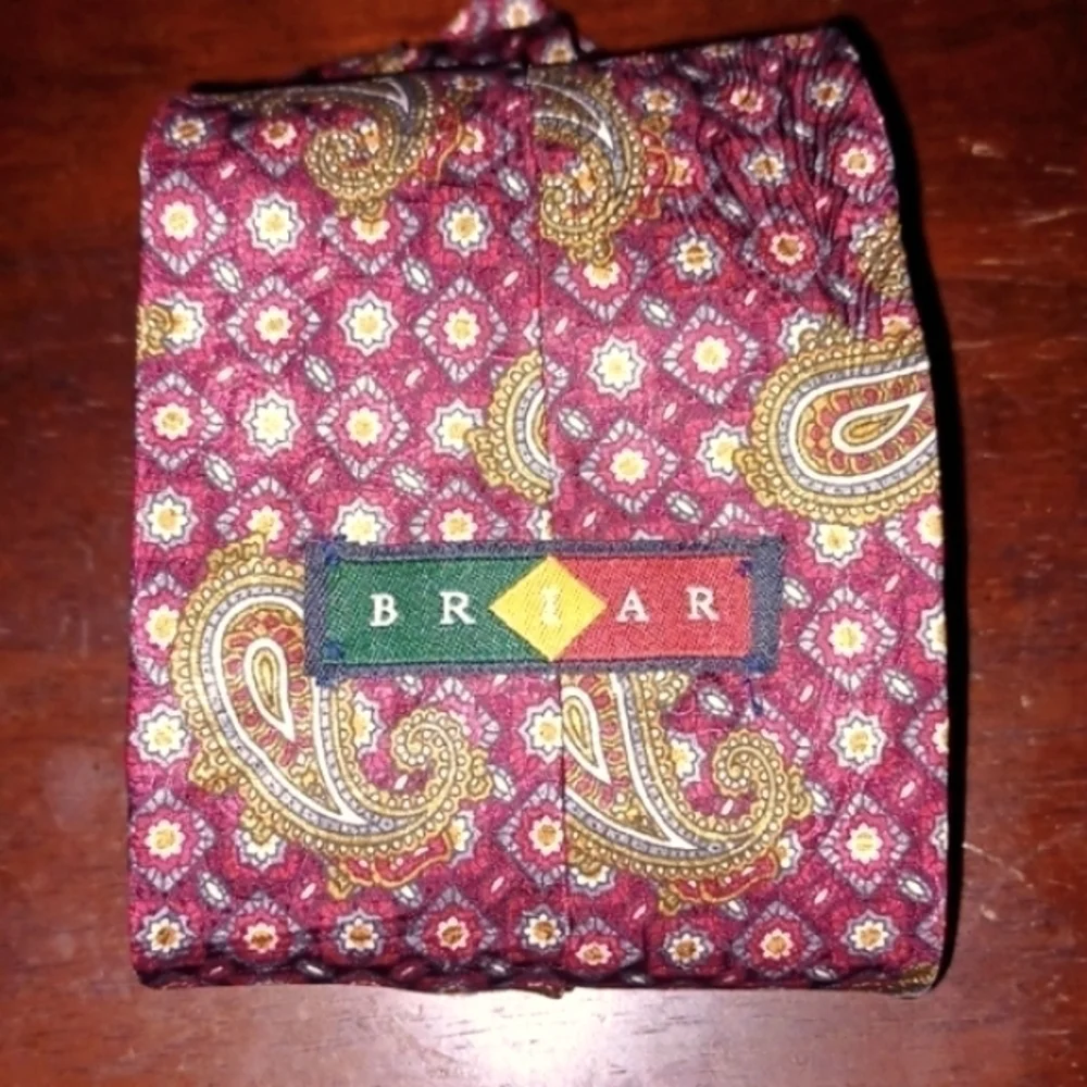 BRIAR Vintage Italian Maroon, Gold and Green Paisley Silk Tie